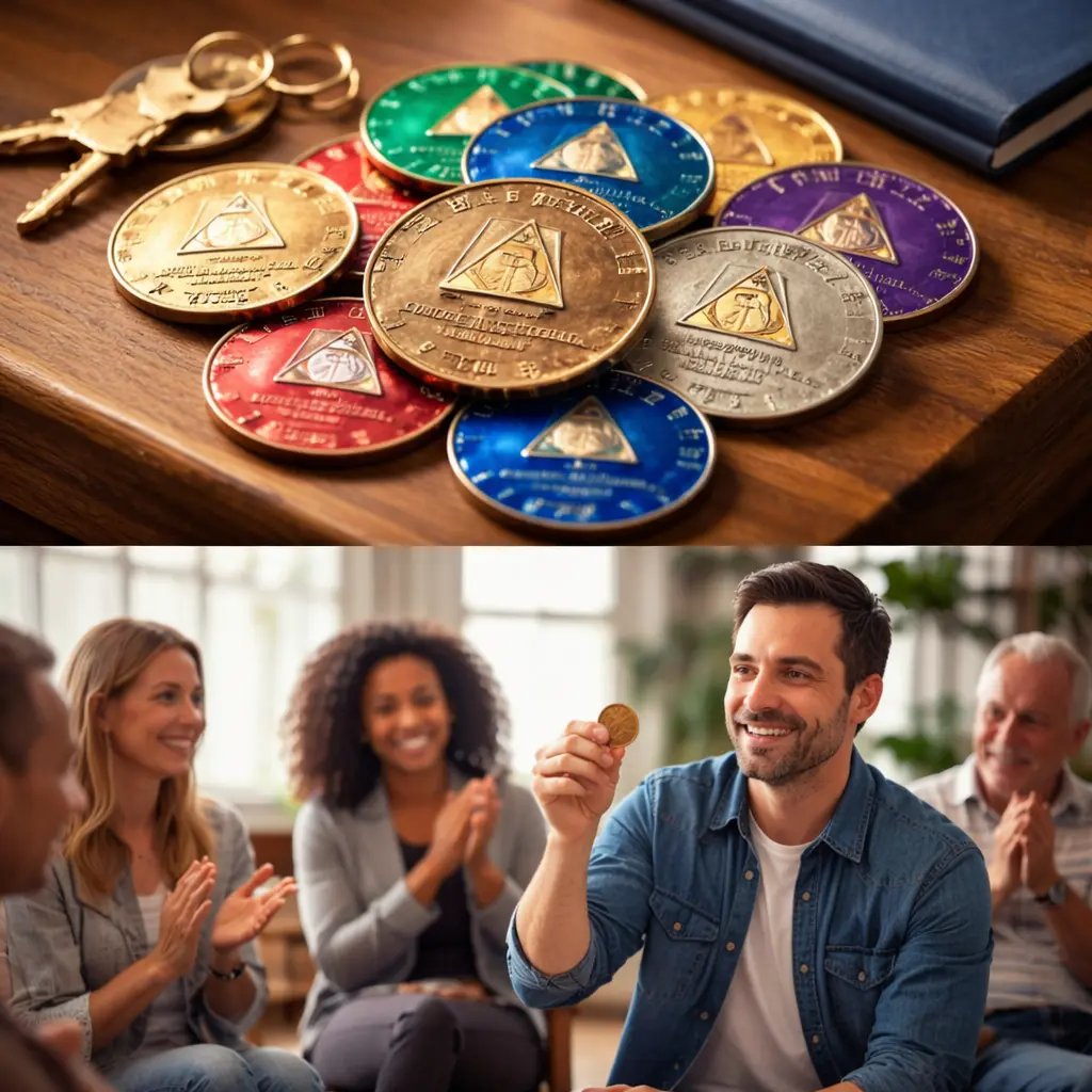AA sobriety medallions on a table during a small recovery group conversation in a bright living room