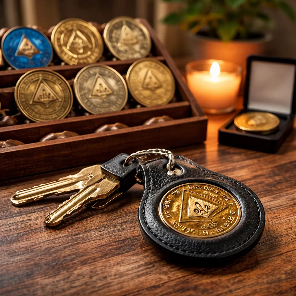 AA coin holder keychain and sobriety coin display arranged on a wooden table