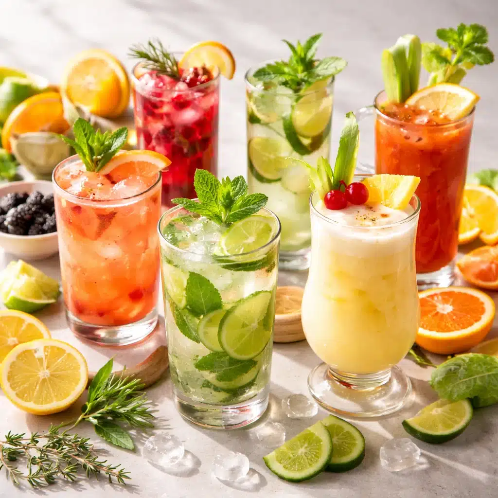 A variety of good mocktails made with fresh citrus, herbs, and ice, showcasing colorful alcohol free mocktail drinks on a bright table.