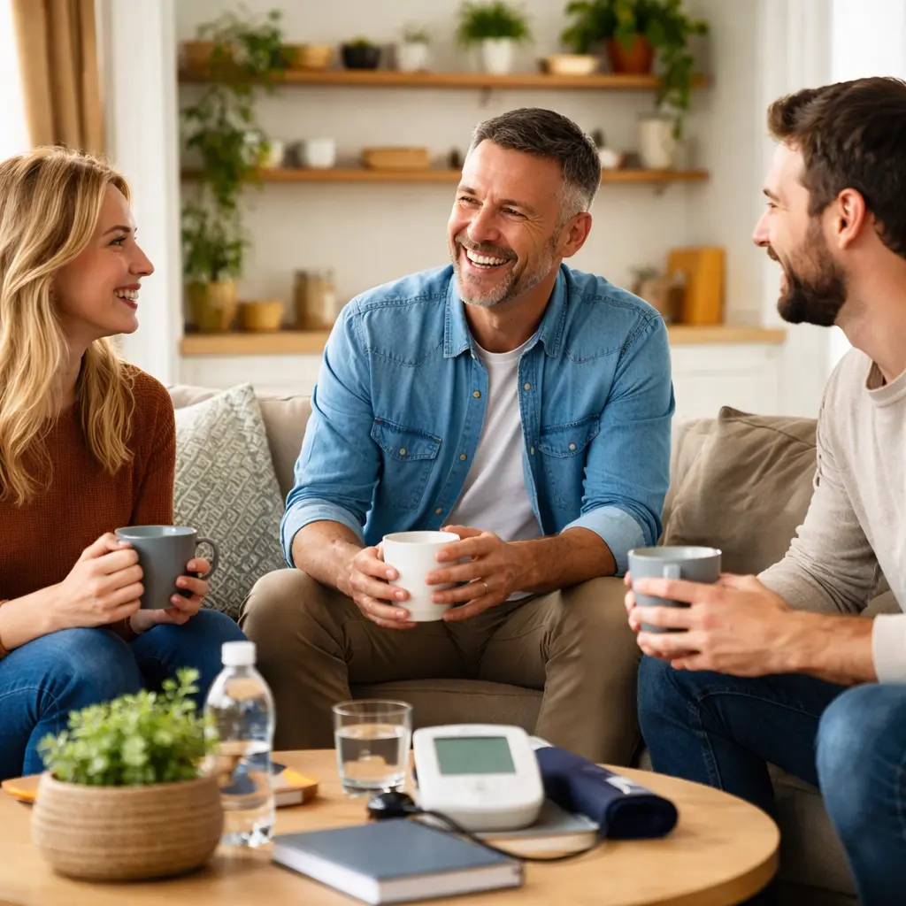 People in alcohol recovery relaxing together in a sober living environment focused on heart health and blood pressure