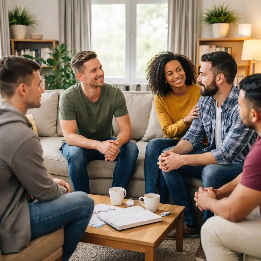 Adults sitting together in a sober living environment discussing alcohol poisoning symptoms and recovery support.