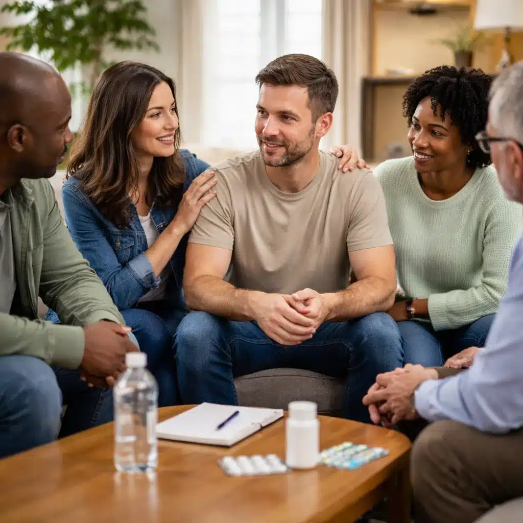 People in recovery sitting together in a supportive sober living environment while managing alcohol cravings