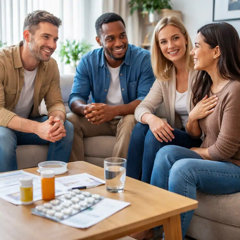 Group of adults in a supportive recovery setting discussing Suboxone pills as part of medication-assisted treatment.