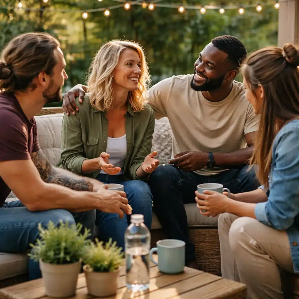 Adults sharing peer support while discussing recovery from active addiction in a relaxed outdoor environment.