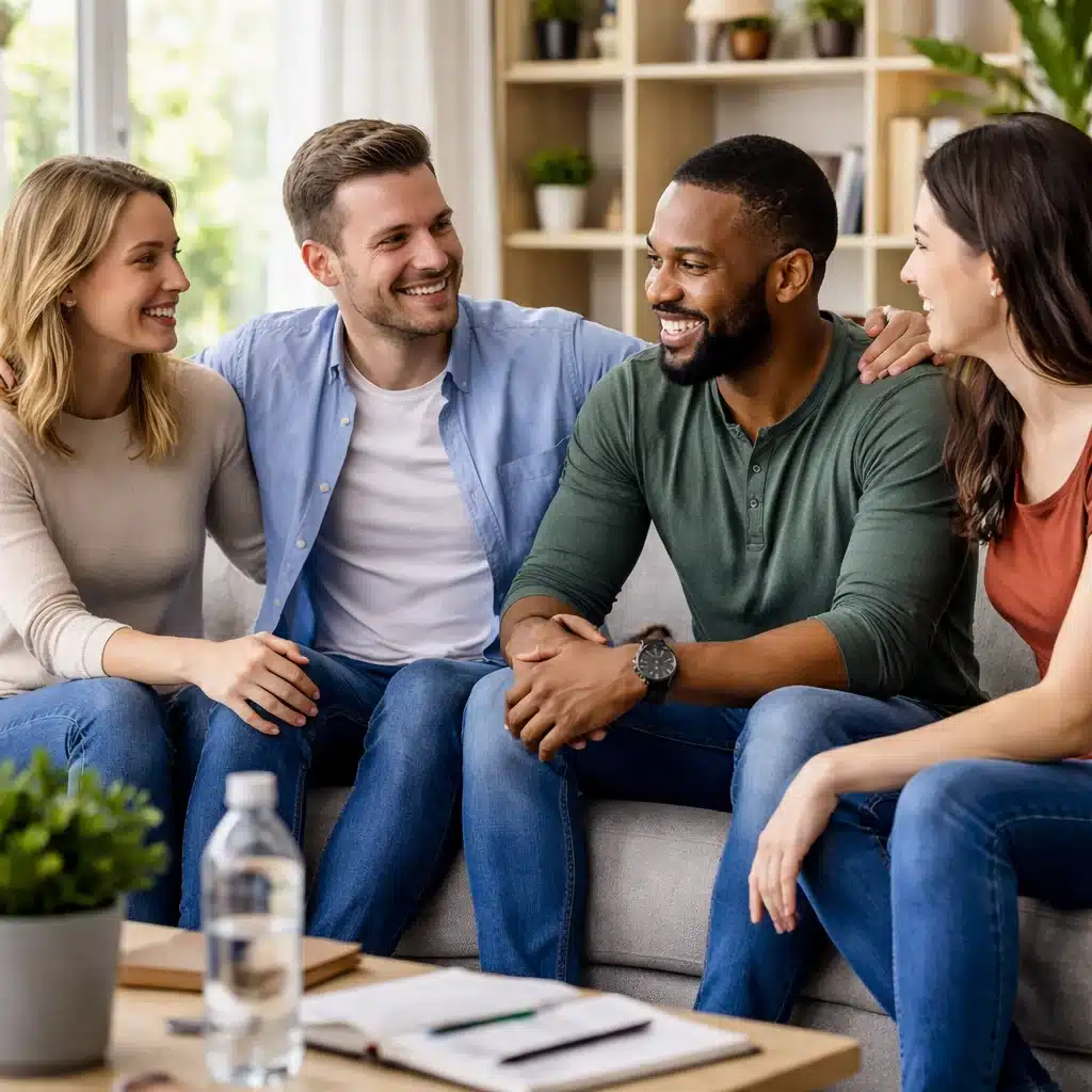 Four adults sitting together on a couch in a bright living room, smiling and talking in a supportive, alcohol-free environment related to reducing alcohol belly and beer gut.