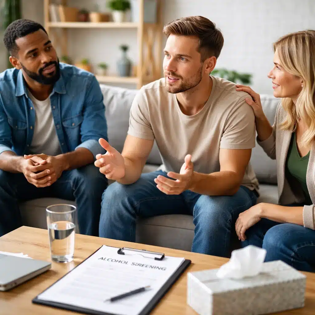 Small support group discussing alcohol screening results after completing an AUDIT alcohol screening tool