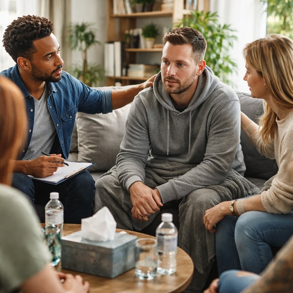 Man experiencing withdrawal symptoms sitting in a supportive group setting during early stages of withdrawal recovery.