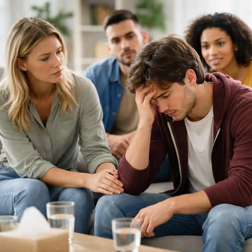 Young adults in a sober living home supporting a distressed friend while recognizing signs someone is on drugs.