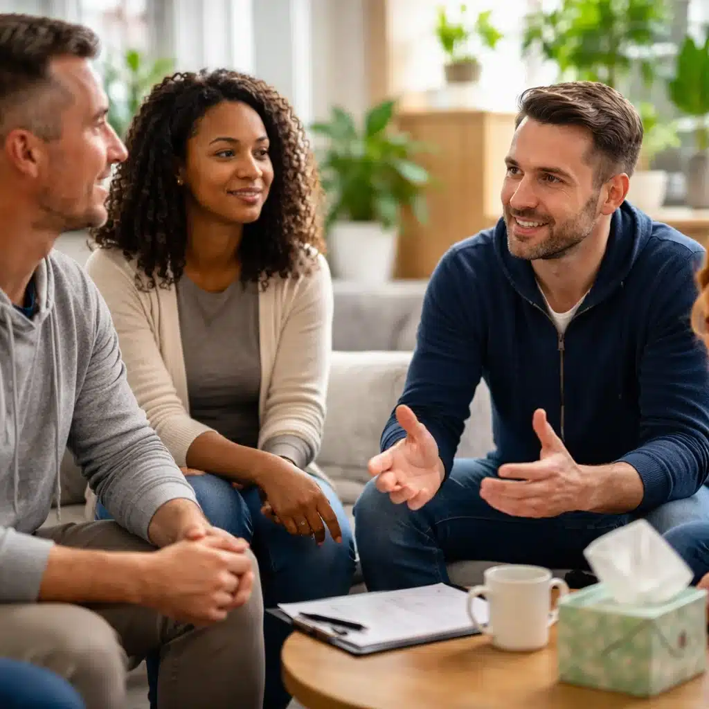 Four adults sitting together in a supportive home environment discussing alcohol recovery and understanding how long alcohol stays in your system.