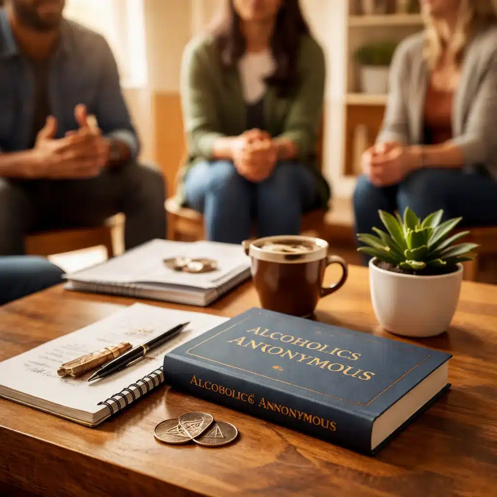 Close-up of an AA meeting table with recovery book, notebook, and coffee during a sober living support group session