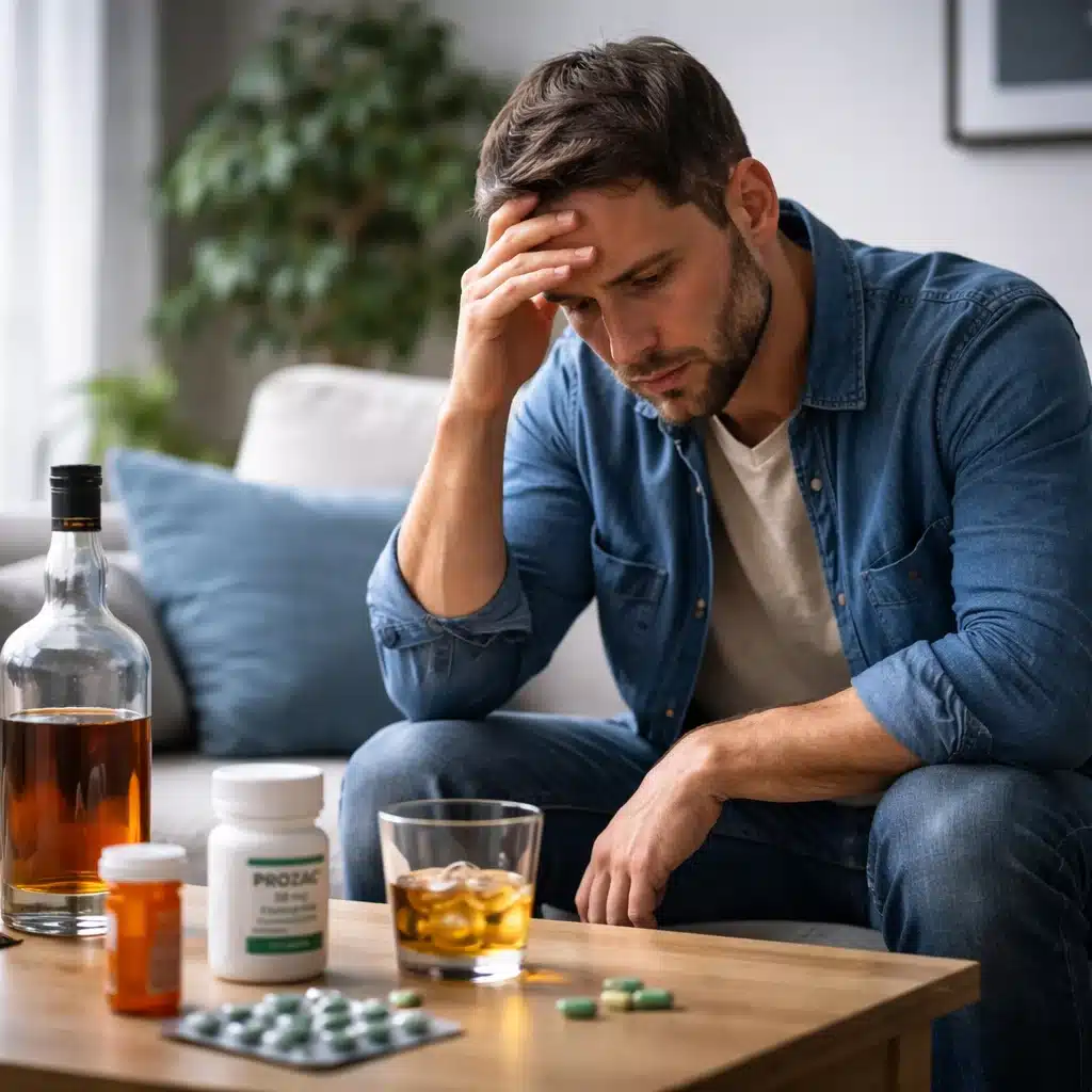 Man sitting with alcohol and Prozac medication on table, reflecting the risks of drinking on Prozac during recovery.