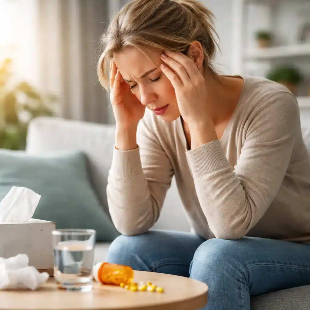 Woman experiencing Effexor withdrawal symptoms while sitting on a couch with medication bottle and water glass nearby