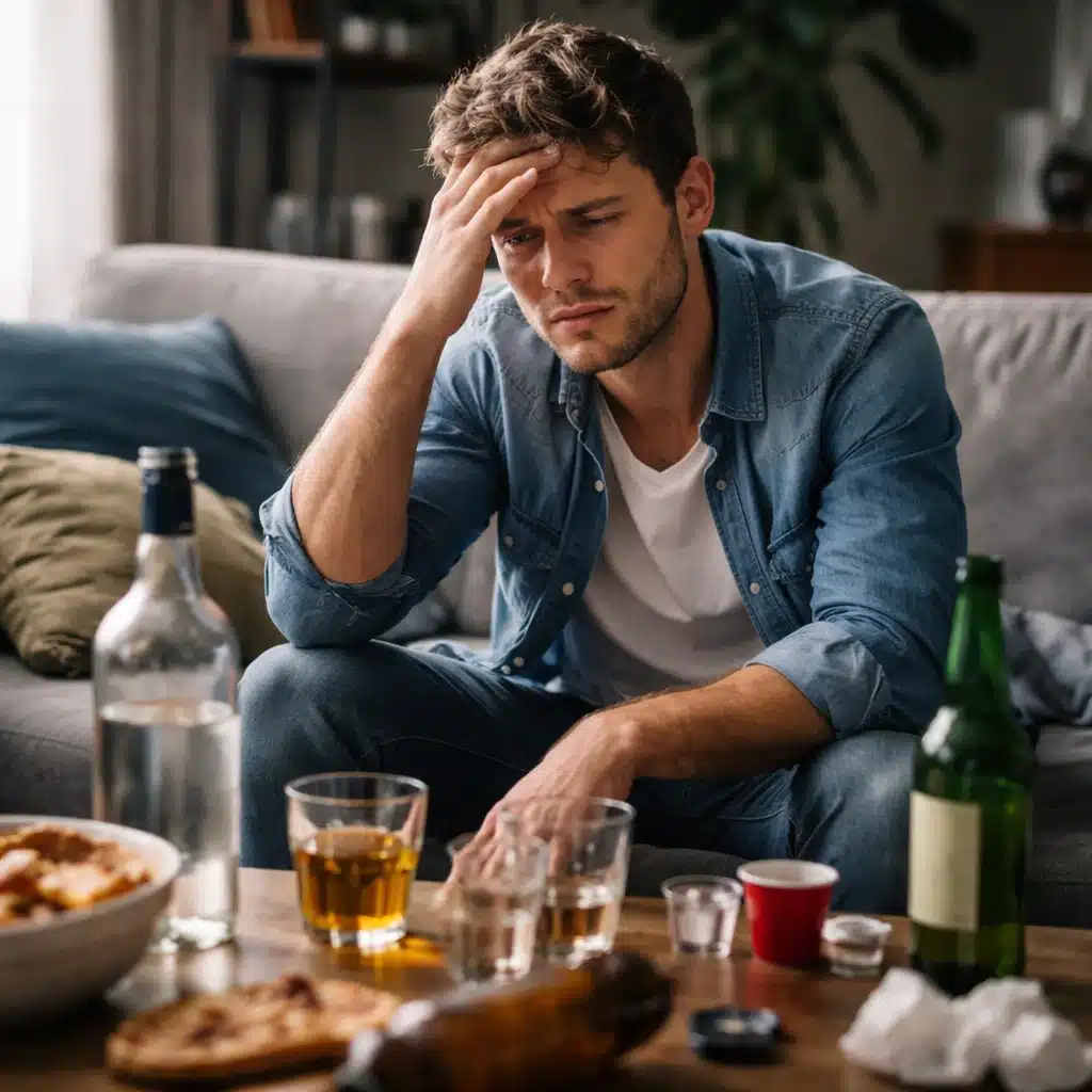 Young man sitting on a couch holding his head after an alcohol blackout, surrounded by empty bottles and glasses in a messy living room.