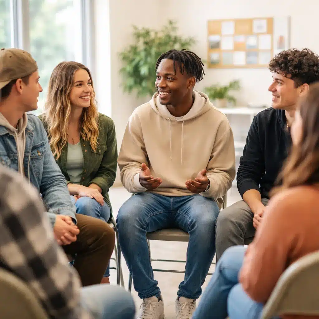 Diverse group of young adults sitting in a circle during a young people AA meeting in a bright community room.