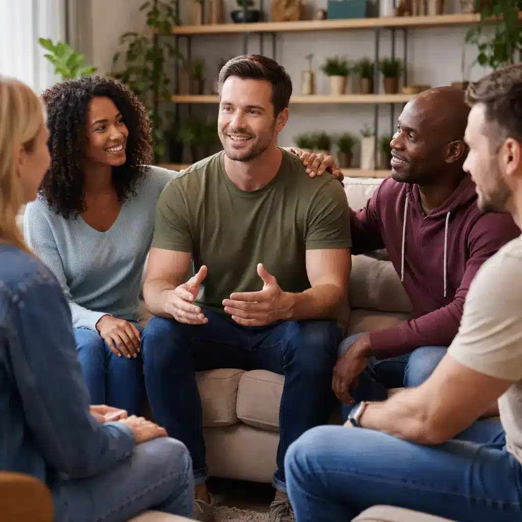 Group of adults participating in a peer support discussion inside a sober living home environment.