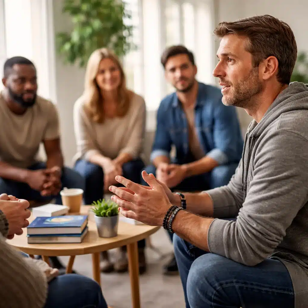 AA support group discussion focused on Step 3 Big Book principles and sober living community support