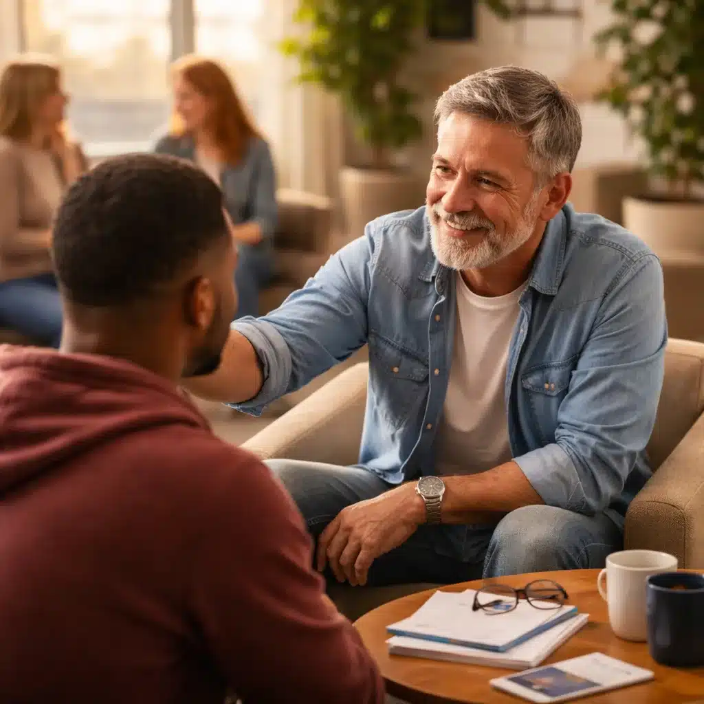 An experienced AA sponsor speaking privately with a newcomer during a one-on-one Alcoholics Anonymous sponsorship conversation in a calm meeting setting.