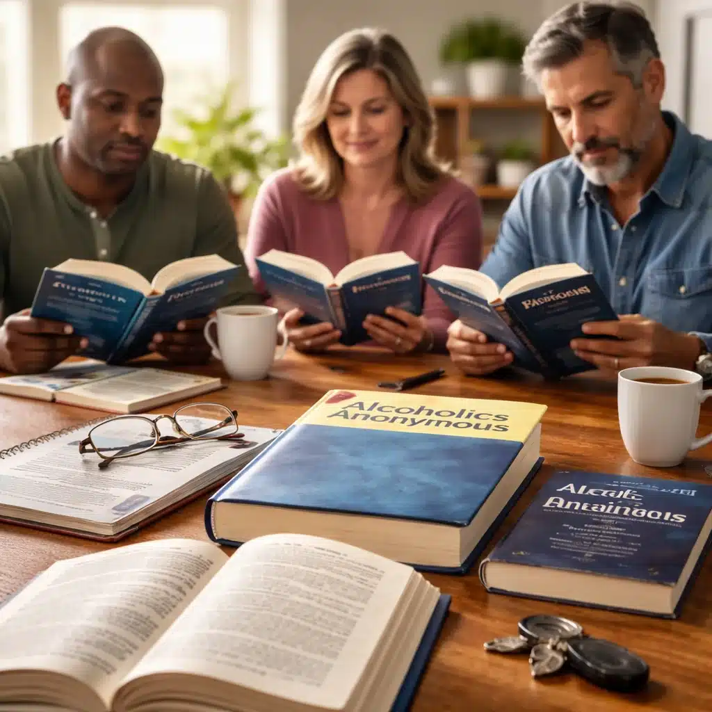 Three adults reading Alcoholics Anonymous Big Books together at a table during a recovery meeting in a sober living home.