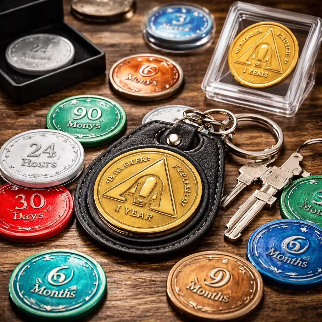 Close-up of AA sobriety coins and colorful AA chips arranged on a wooden table with a one year AA chip inside a black leather AA chip holder keychain.