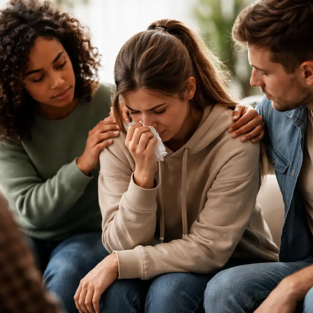 Young woman receiving emotional support from peers during a group meeting for children of alcoholic parents.