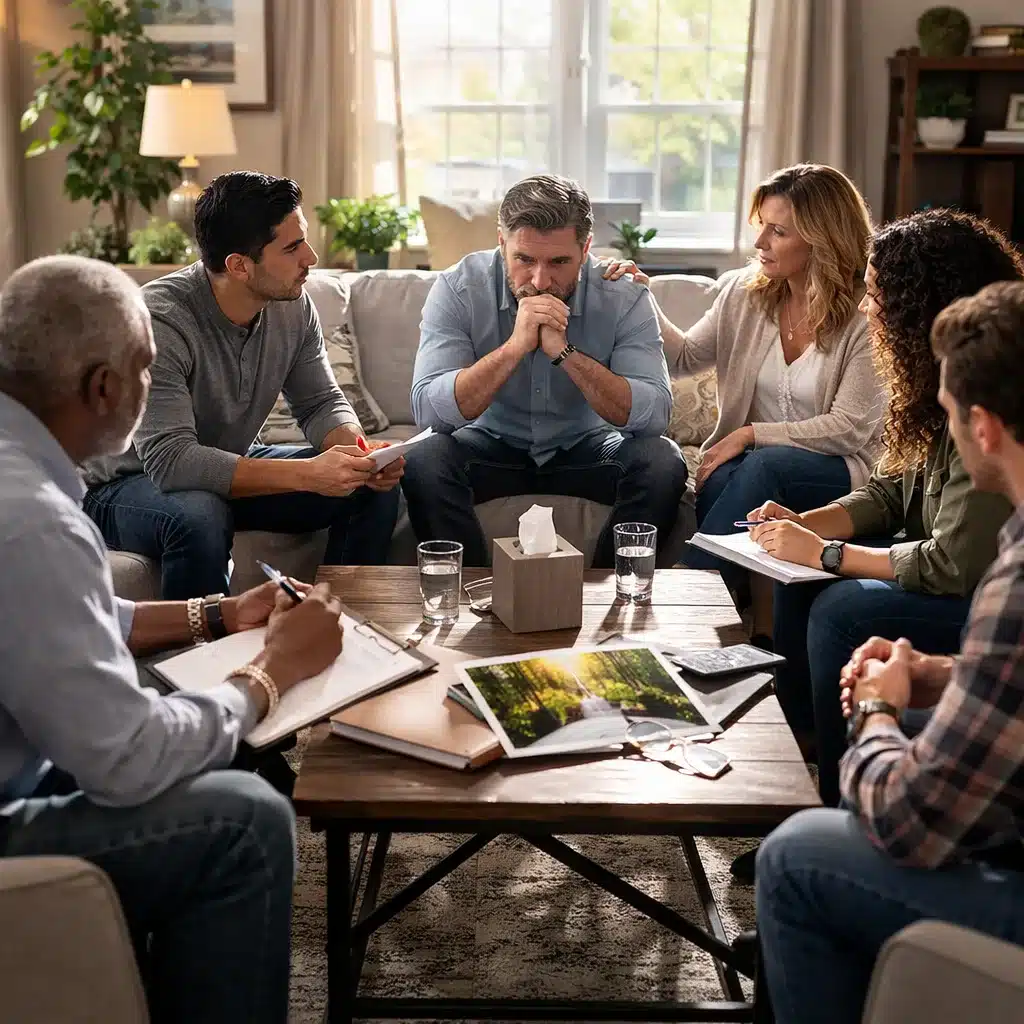 Family gathered in a living room for an addiction intervention, offering support during a planned alcohol or drug intervention conversation.