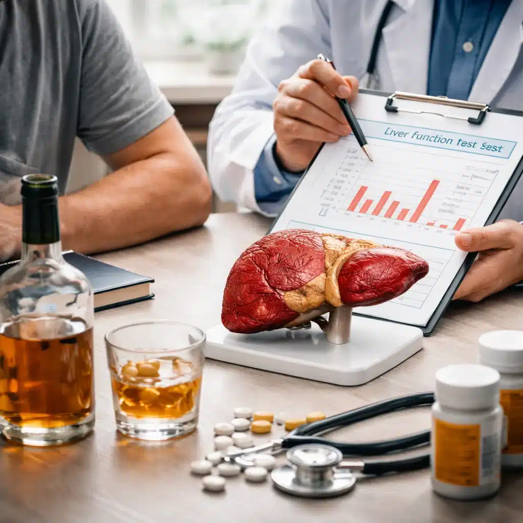 Doctor reviewing liver function test results with patient, liver model and alcohol on table illustrating alcoholic liver disease and signs of liver damage from alcohol.
