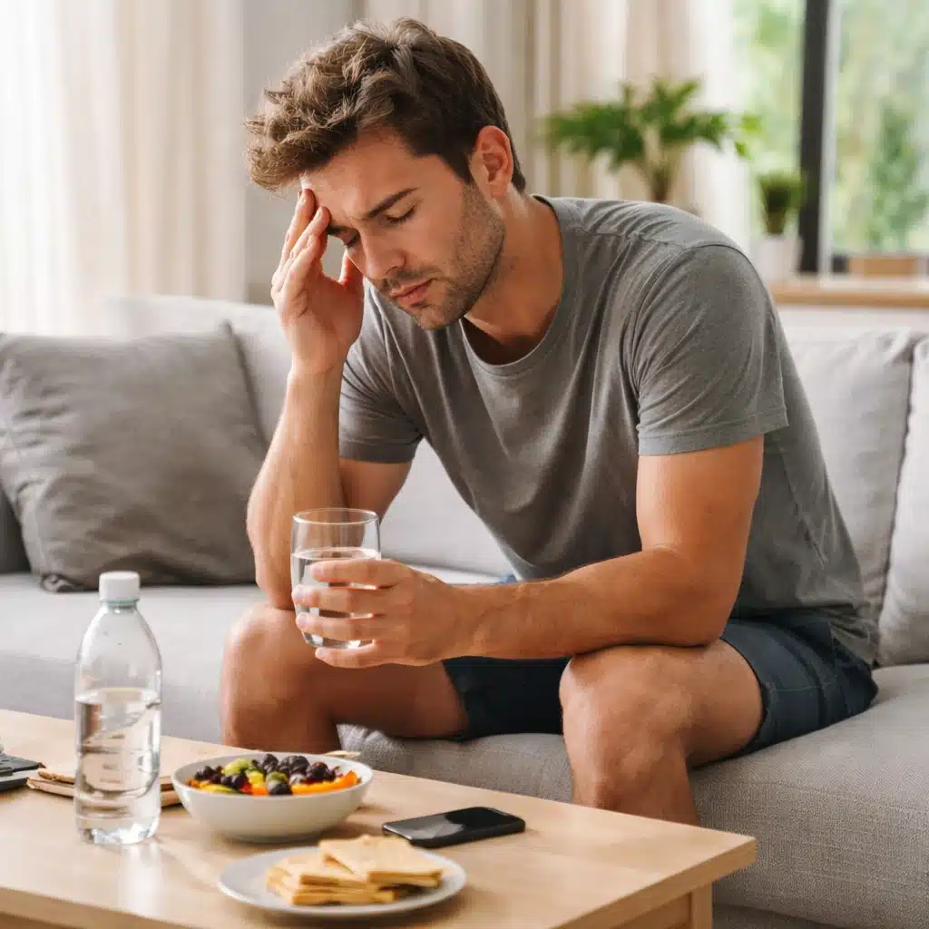 Man sitting on a couch holding a glass of water while trying to sober up from weed in a calm home setting