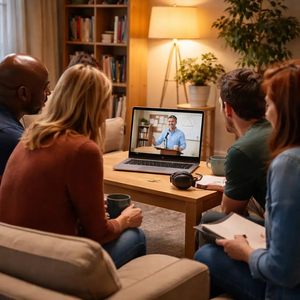Group listening to an AA speaker meeting online through a recorded Alcoholics Anonymous talk
