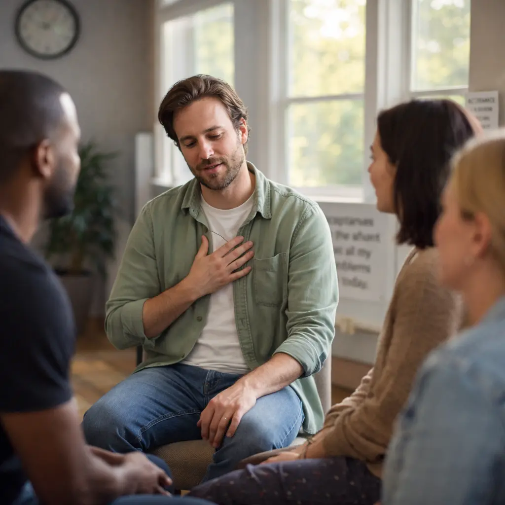 Alcoholics Anonymous support group discussing acceptance is the answer in a recovery meeting