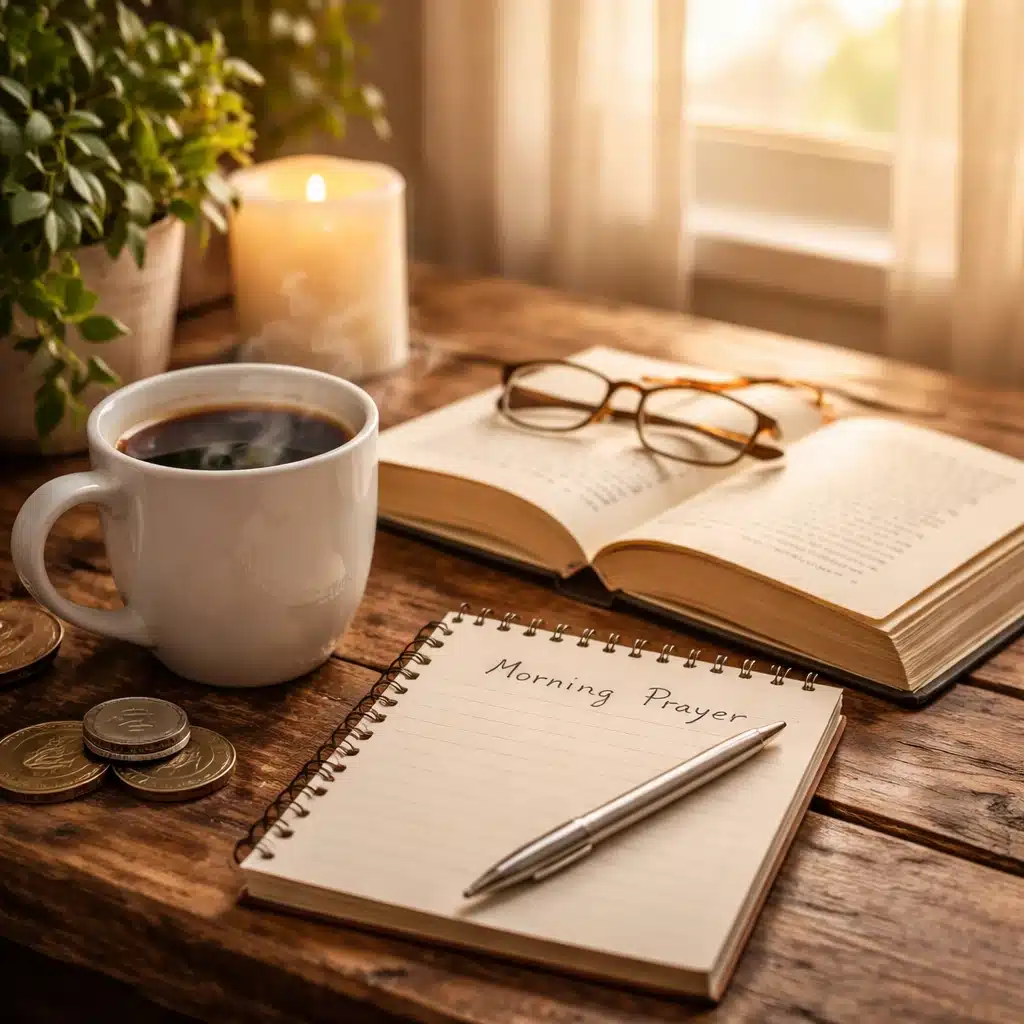AA morning prayer routine with daily meditation book, coffee, and journal in sober living