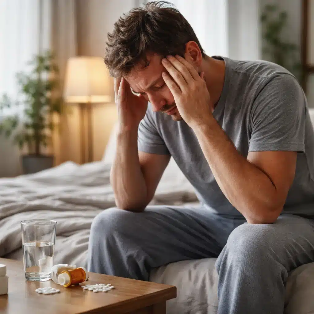 Man experiencing diazepam withdrawal symptoms such as headache, anxiety, and physical distress in a bedroom setting