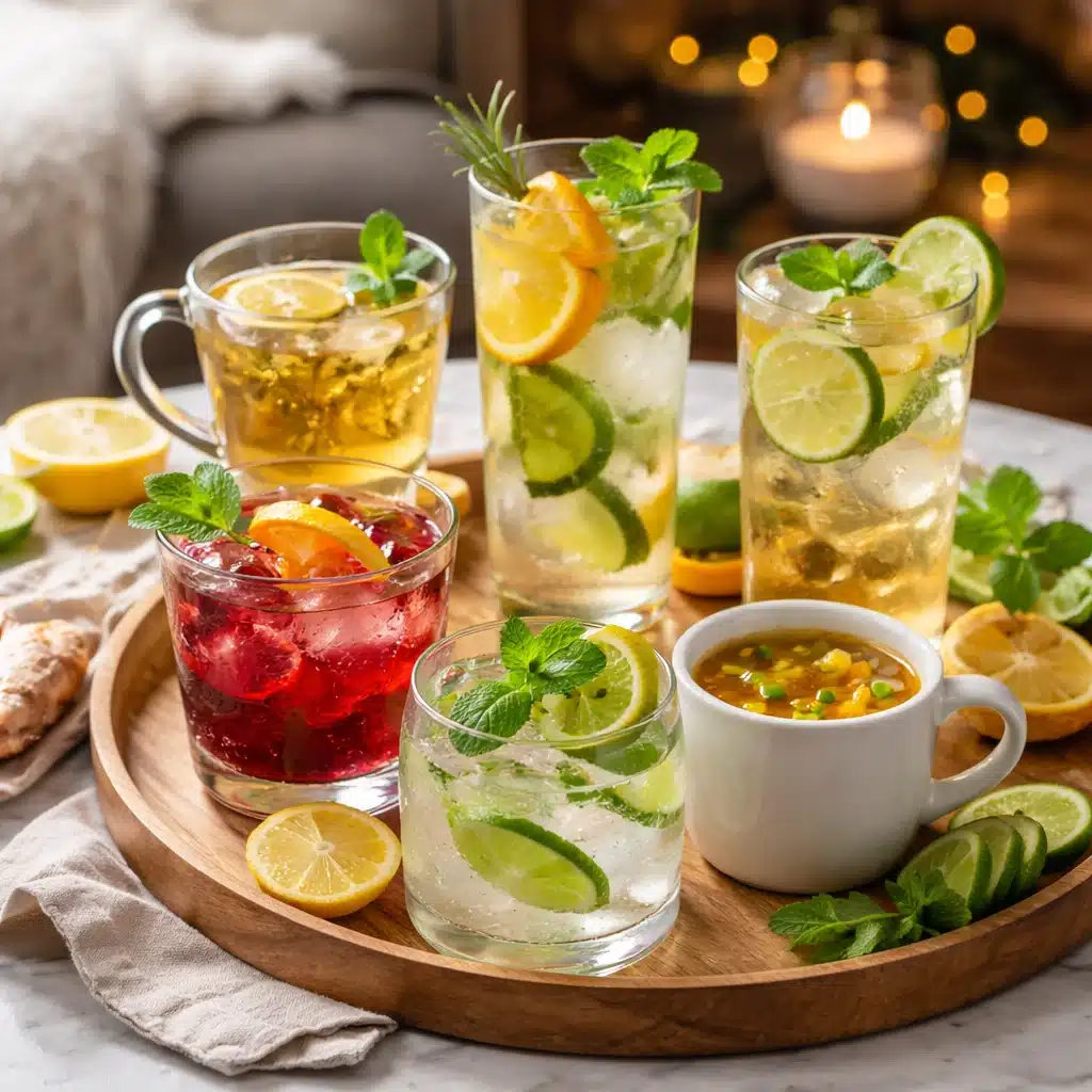 Alcohol alternative drinks including herbal tea, citrus sparkling water, and warm broth arranged for a relaxing alcohol-free evening