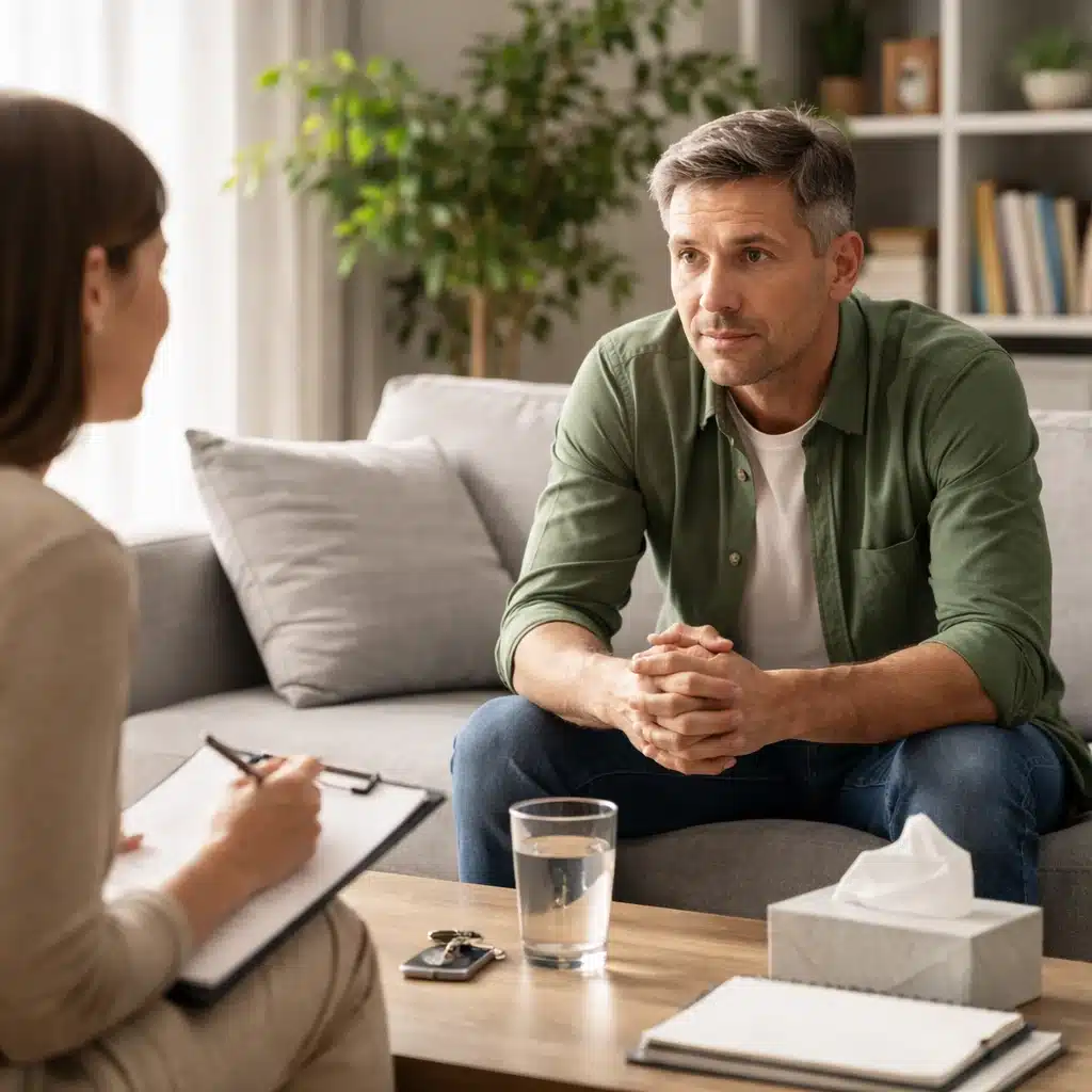 Man speaking with a therapist during alcohol recovery support while learning how to stop drinking alcohol