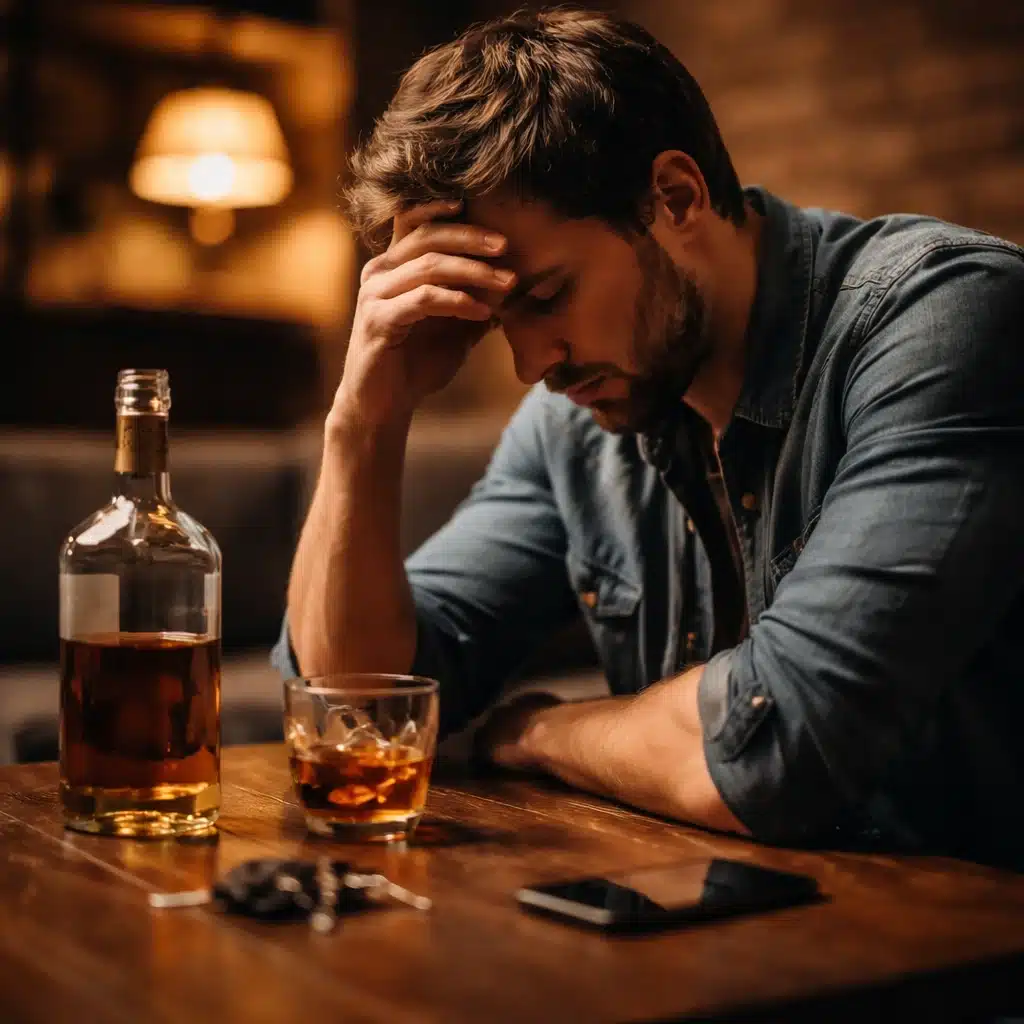 Man sitting alone at a table showing signs of alcohol addiction and emotional distress