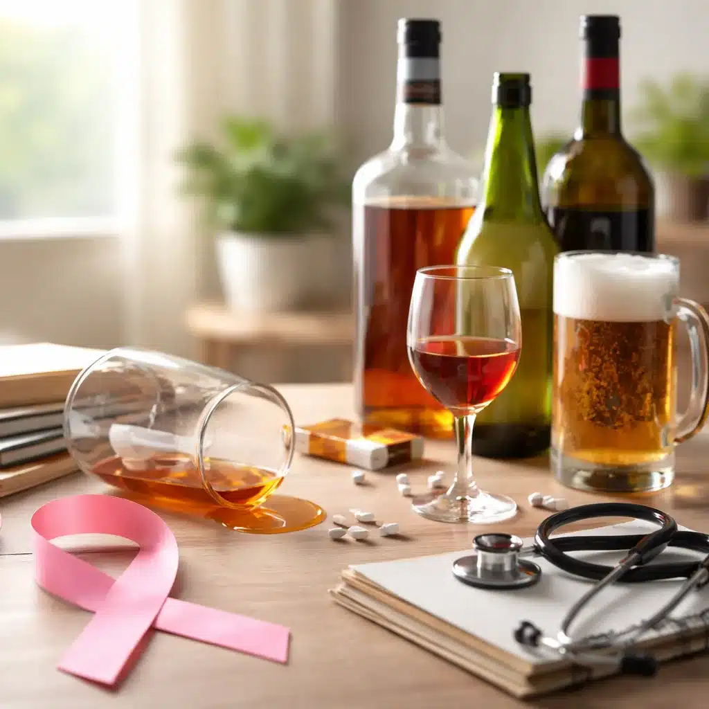Alcohol and cancer risk awareness with spilled liquor, wine, beer, and breast cancer ribbon