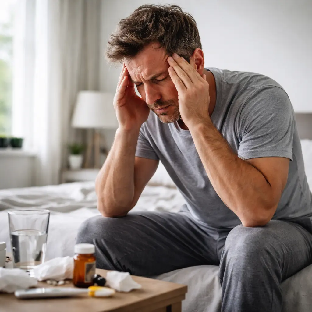 Man experiencing alcohol withdrawal symptoms while sitting on a bed with headache and medication nearby