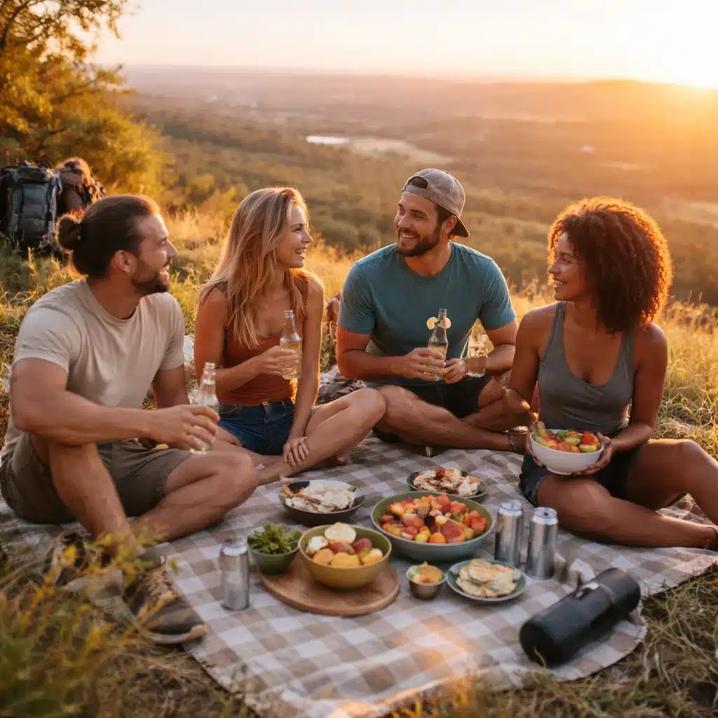 Friends enjoying sober activities outdoors with healthy food and alcohol-free drinks as an alternative to drinking