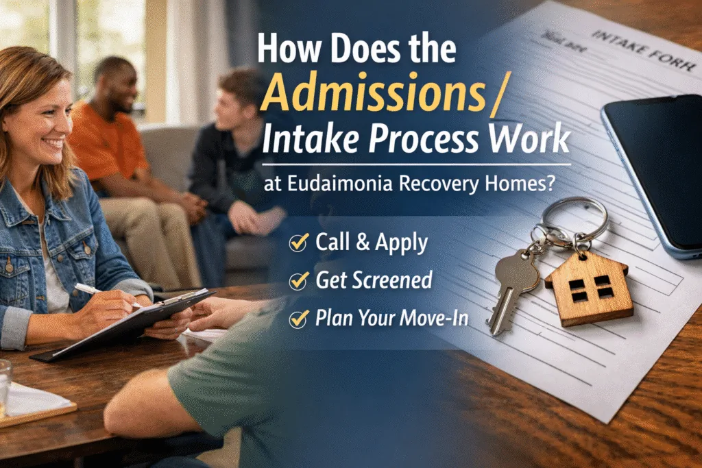 Eudaimonia Recovery Homes intake process graphic showing steps: call & apply, get screened, and plan your move-in.
