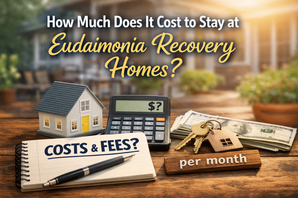 Image showing “How Much Does It Cost to Stay at Eudaimonia Recovery Homes?” with a model house, calculator displaying a dollar sign, notebook labeled “Costs & Fees?”, cash, keys, and “per month” sign.