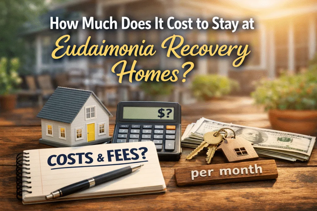 Image showing “How Much Does It Cost to Stay at Eudaimonia Recovery Homes?” with a model house, calculator displaying a dollar sign, notebook labeled “Costs & Fees?”, cash, keys, and “per month” sign.