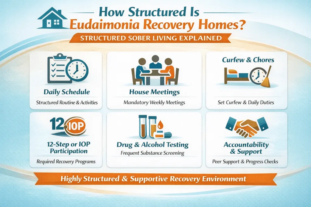 Hero infographic outlining the structured sober living program at Eudaimonia Recovery Homes, including daily schedules, house meetings, curfews, recovery participation, testing, and peer support systems.
