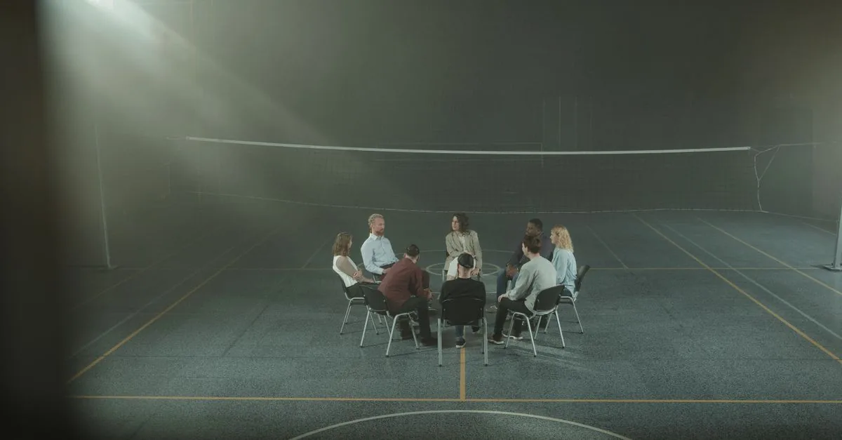 A group therapy session with participants seated in a circle inside a dimly lit gymnasium.