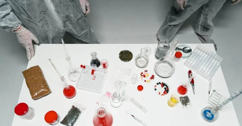 Top view of a laboratory setup with various scientific tools and substances, featuring researchers in lab coats.
