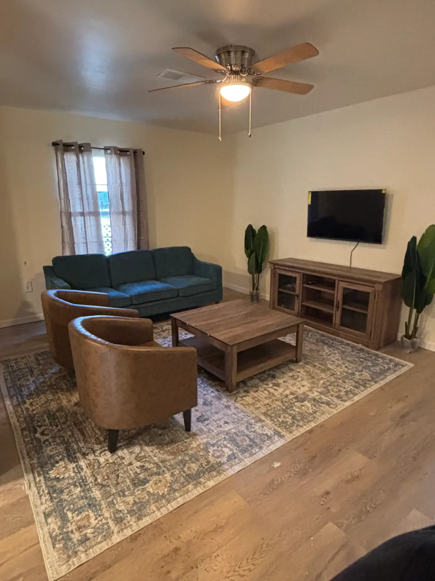Living room with a sofa, television and a large area rug.