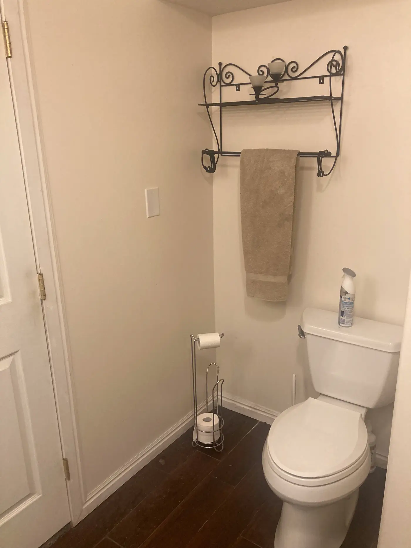 Bathroom with a toilet, towel rail and a shelved cabinet.