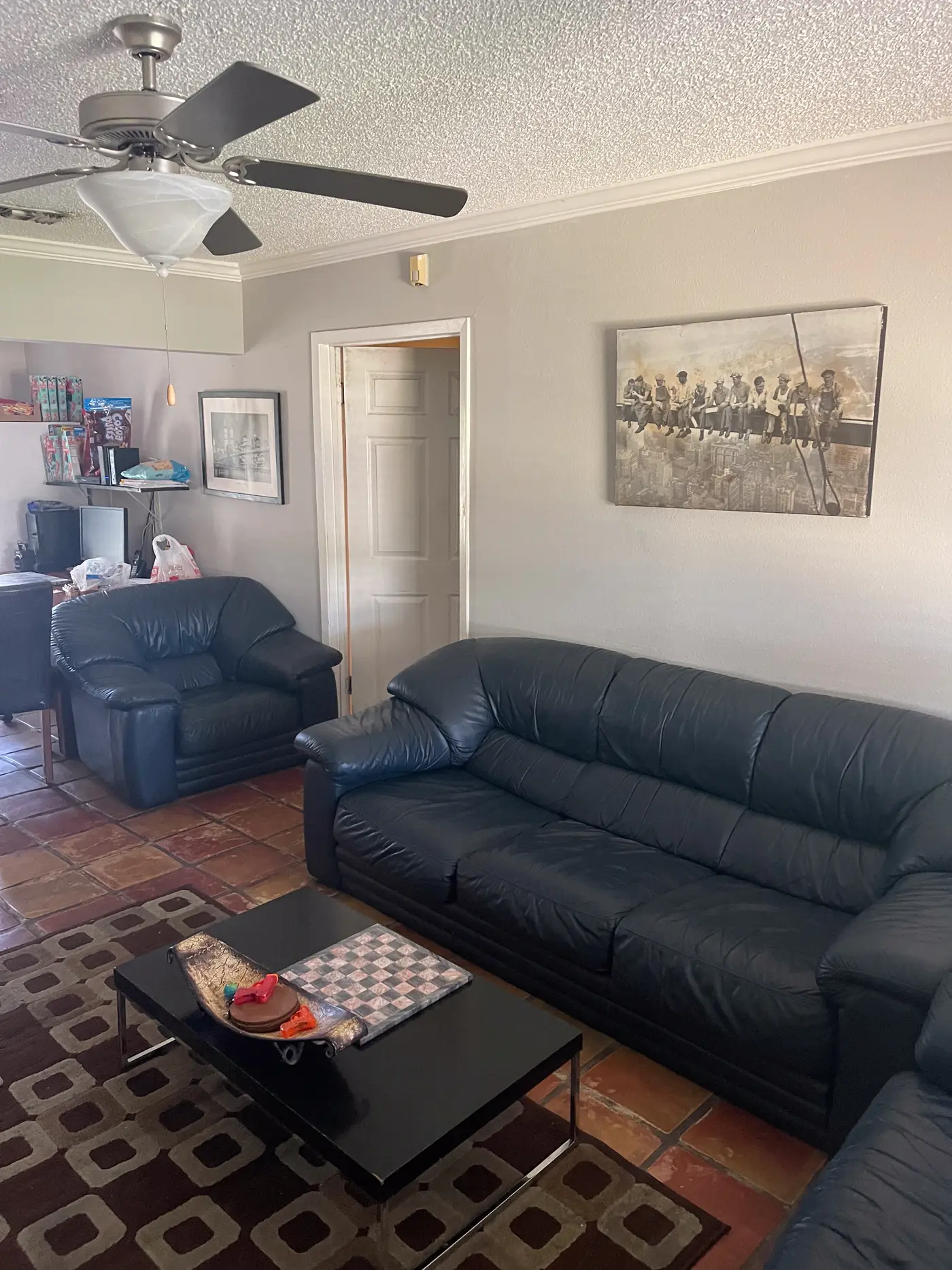Living room with a leather sofa and a patterned rug on terracotta tile.