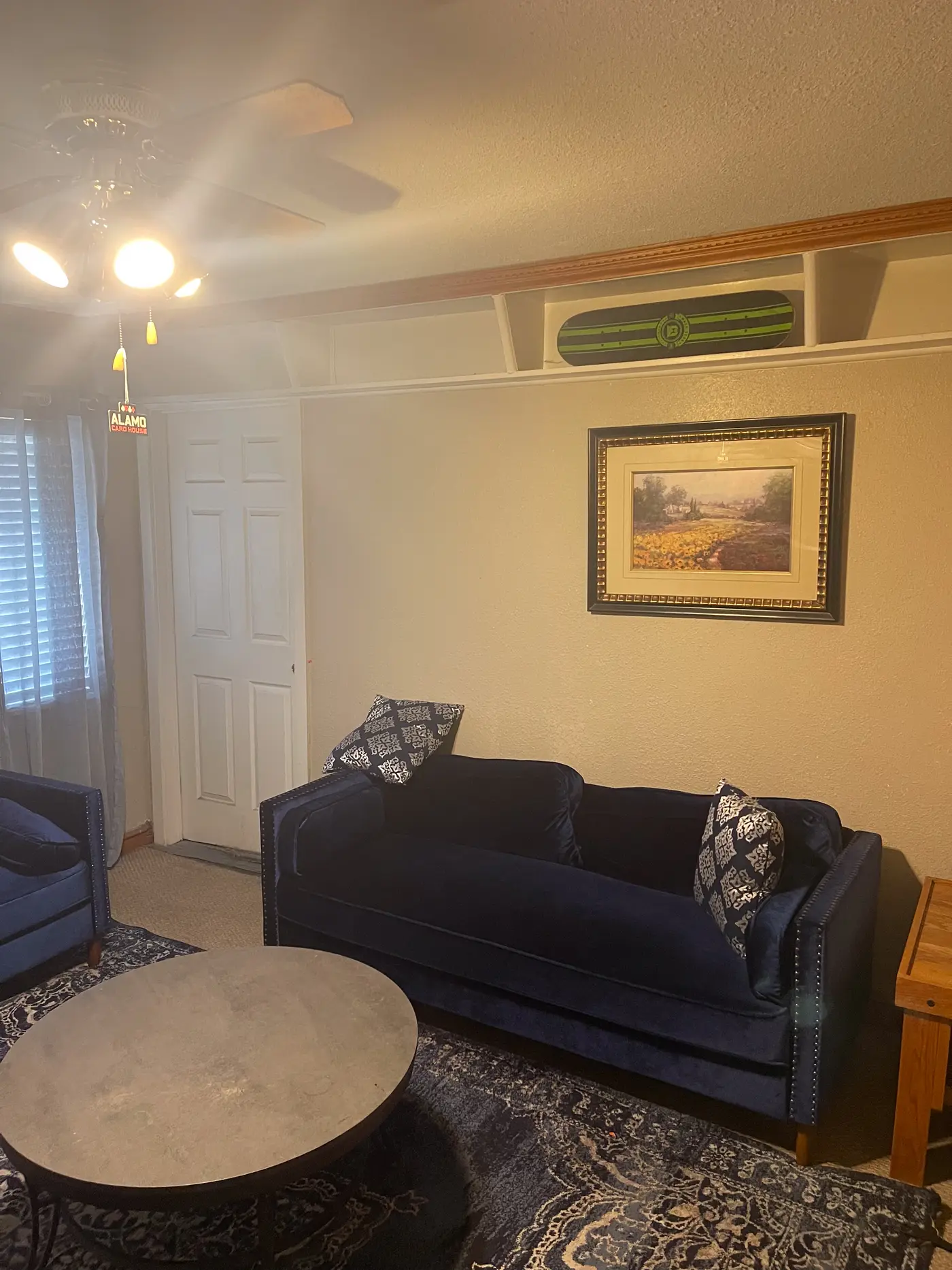 Living room with a sofa beside a paneled door.