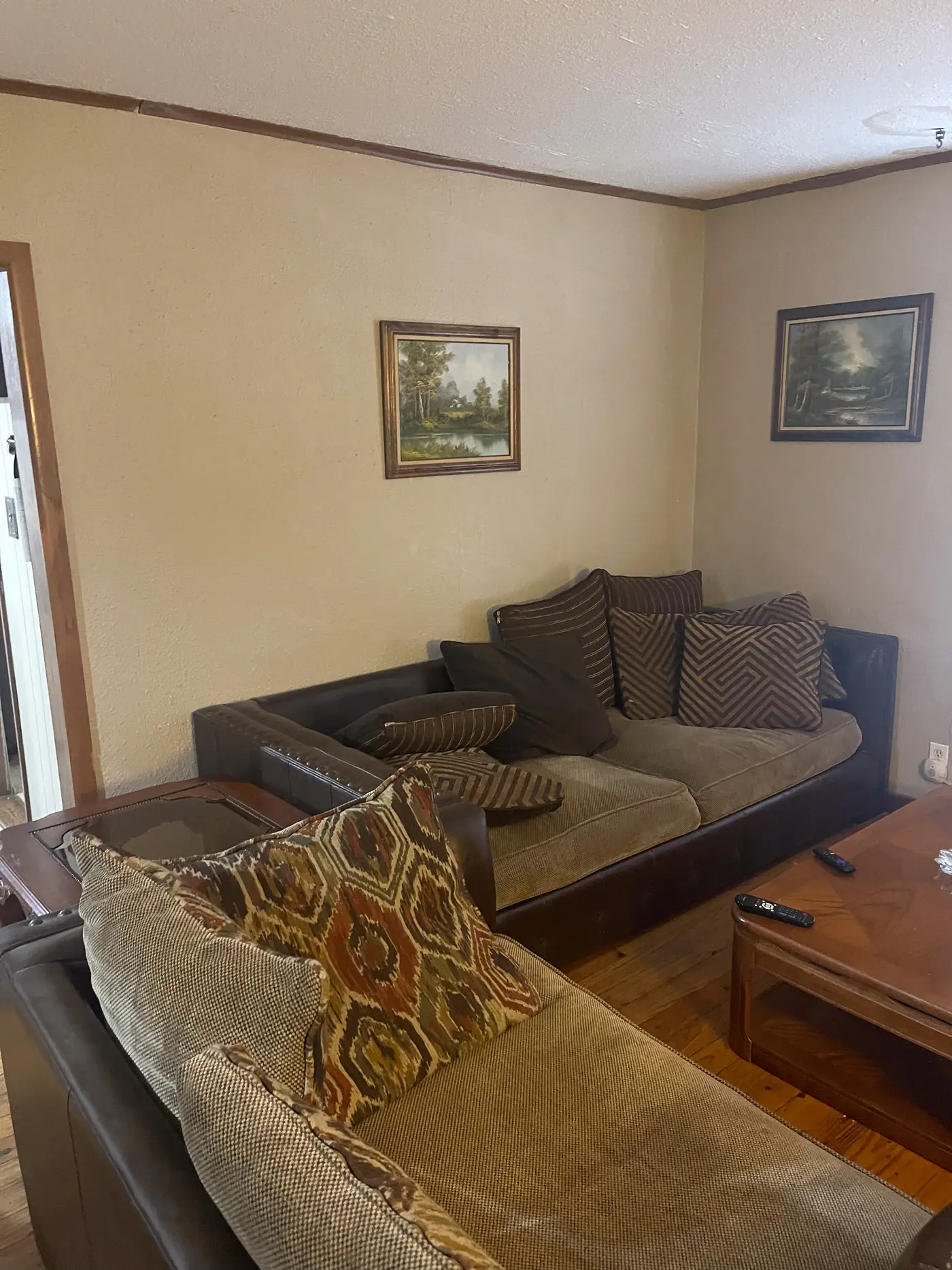 Living room with a sofa and framed landscape prints.