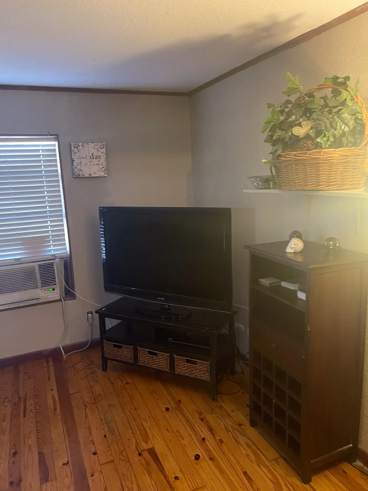Room with a television on a stand and wood flooring.