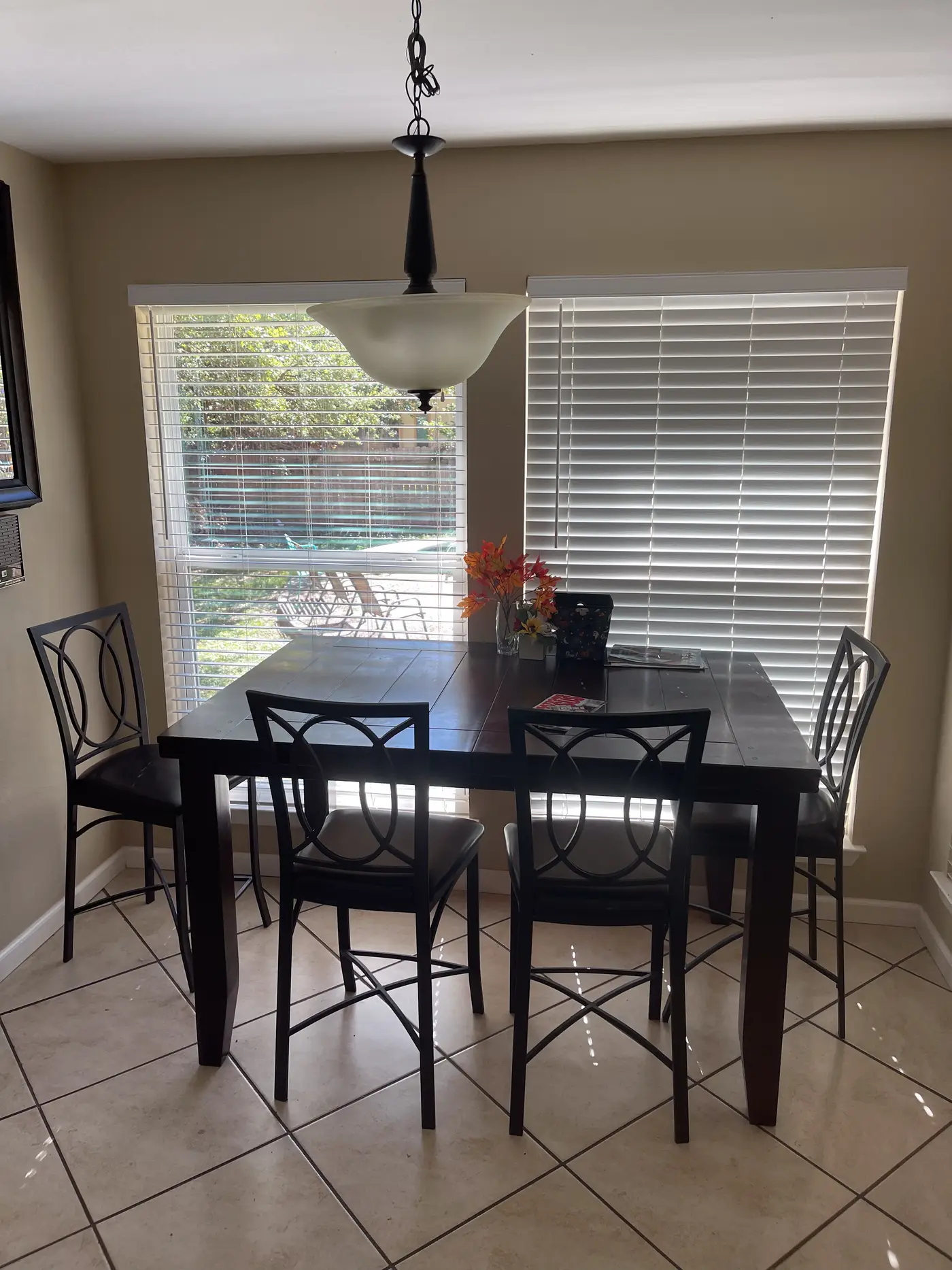 Dining table and chairs beside a window overlooking the garden.